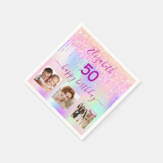 ホログラフィックピンクの写真グリッター誕生日 スタンダードカクテルナプキン (角)