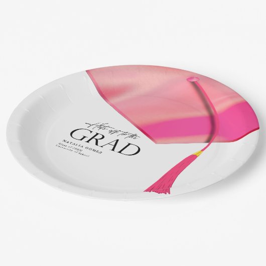 ホログラフィックピンクの卒業式への脱帽金ゴールド ペーパープレート (アングル)