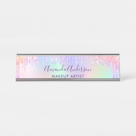 ホログラフィックピンクの滴 デスクネームプレート (正面)