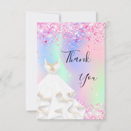 ホログラフィックピンクの白いドレス サンキューカード (正面)