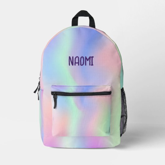 ホログラフィックピンクの紫色の名前の女の子 プリントバックパック (正面)