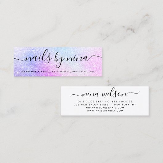 ホログラフィックピンクグリッターシックなスクリプトシグネチャ スキニー名刺 (正面/裏面)