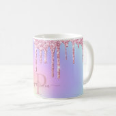 ホログラフィックピンクグリッタードリップスエレガントモノグラム コーヒーマグカップ (正面右)