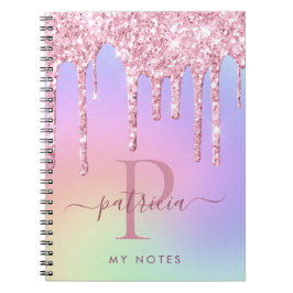 ホログラフィックピンクグリッタードリップスエレガントモノグラム ノートブック