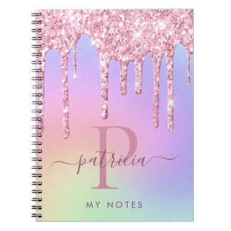 ホログラフィックピンクグリッタードリップスエレガントモノグラム ノートブック