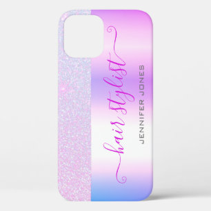 ホログラフィックピンクパープルグラデーショングリッター名前をカスタ iPhone 12ケース