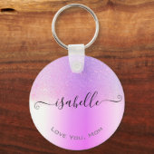 ホログラフィックピンクパープルグラデーショングリッター雨モダン キーホルダー (正面)