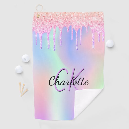 ホログラフィックピンクパープルグリッターカスタムモノグラム ゴルフタオル (インサイチュ)