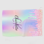 ホログラフィックピンクパープルグリッターカスタムモノグラム ゴルフタオル (横)