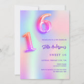 ホログラフィックピンクパープルネオンスウィート16 招待状 (正面)