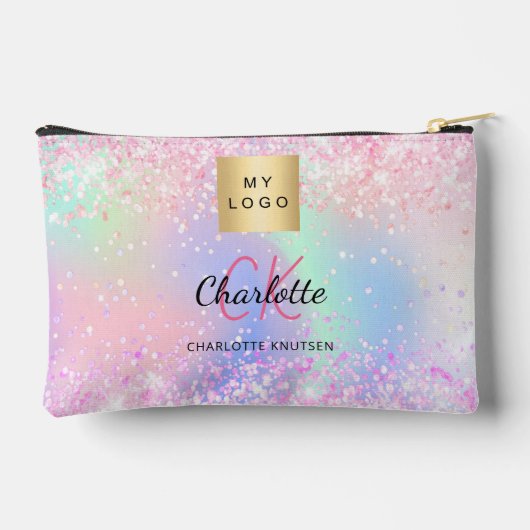 ホログラフィックピンクパープルモノグラムのビジネスロゴ アクセサリーポーチ (裏面)