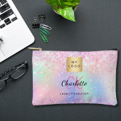 ホログラフィックピンクパープルモノグラムのビジネスロゴ アクセサリーポーチ