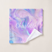 ホログラフィックピンクパープルモノグラムイニシャル名 バスタオルセット (ウォッシュタオル)