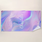 ホログラフィックピンクパープルモノグラムイニシャル名 ビーチタオル (正面)