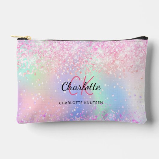 ホログラフィックピンクパープルモノグラム名 アクセサリーポーチ (正面)