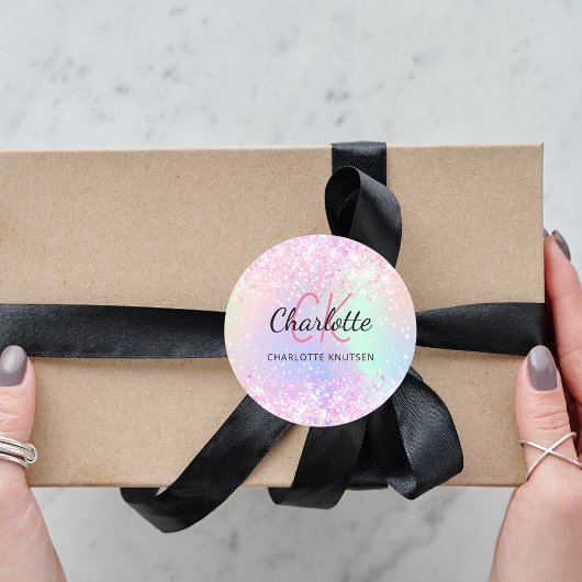 ホログラフィックピンクパープルモノグラム名 ラウンドシール