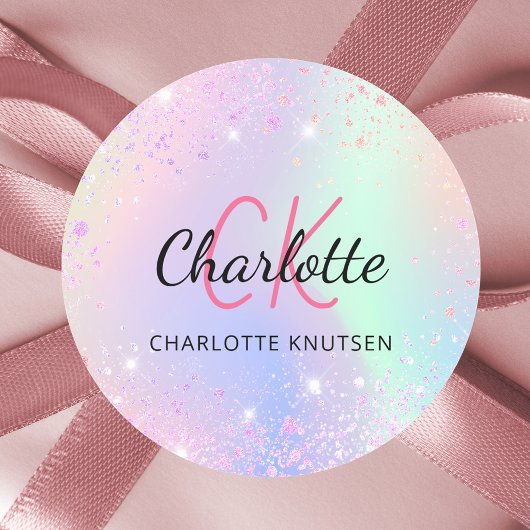 ホログラフィックピンクパープルモノグラム名 ラウンドシール