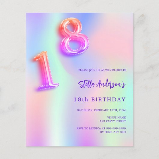 ホログラフィックピンクパープル18th誕生日の予算 (正面)