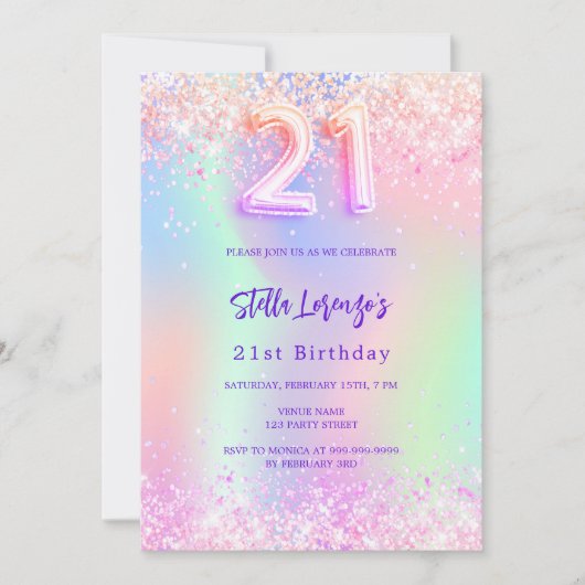 ホログラフィックピンクパープル21歳の誕生日 招待状 (正面)