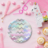 ホログラフィックピンクブルーユニコーン虹シェブロン ペーパープレート (パーティー)