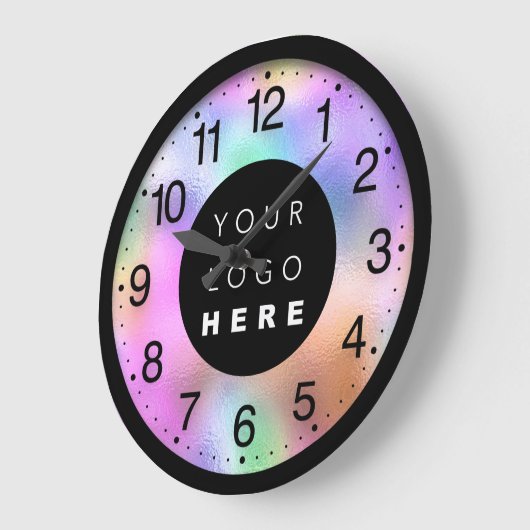 ホログラフィックピンクモダンのカスタムロゴ ラージ壁時計 (傾斜)