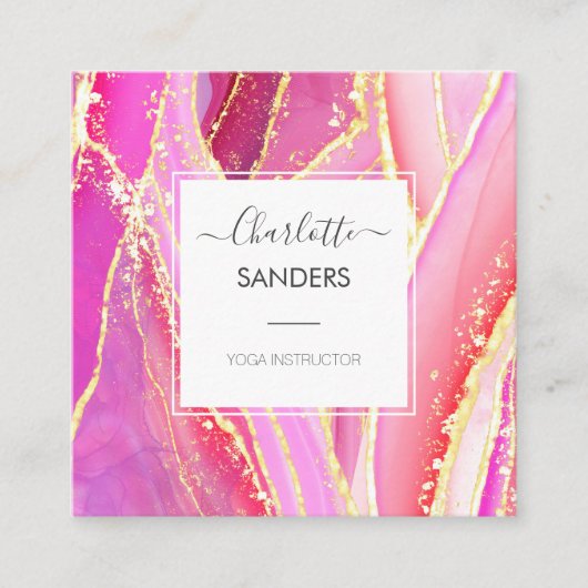 ホログラフィックピンク水色金ゴールド（ばちゃばちゃ）跳ねる スクエア名刺 (正面)