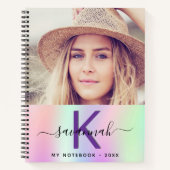 ホログラフィックピンク紫の写真名スクリプト ノートブック (正面)