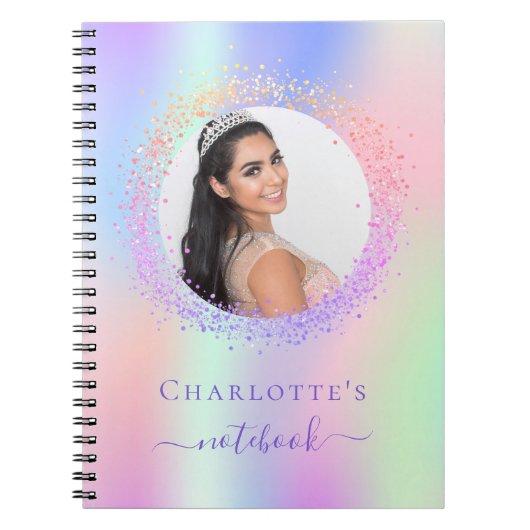 ホログラフィックピンク紫色のフォトガールスクール ノートブック (正面)