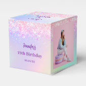 ホログラフィックピンク紫色の写真誕生日パーティー フェイバーボックス (正面サイド)