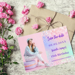 ホログラフィックピンク紫色の写真誕生日 セーブザデート