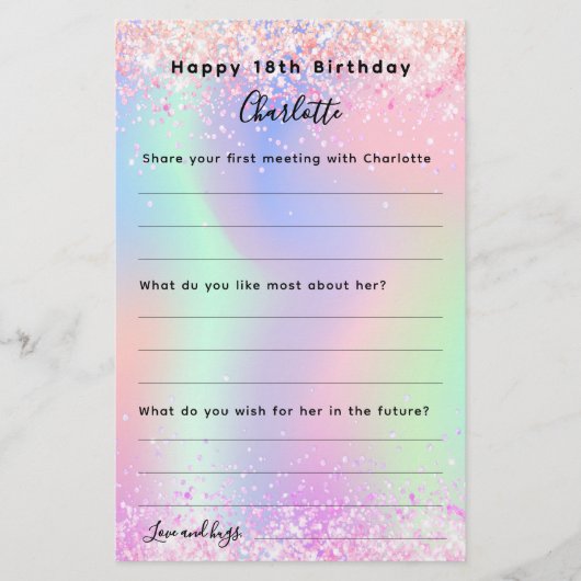 ホログラフィックピンク紫色の誕生日ウィッシュカード (正面)