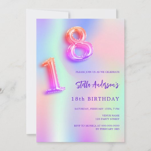 ホログラフィックピンク紫18歳の誕生日 招待状 (正面)