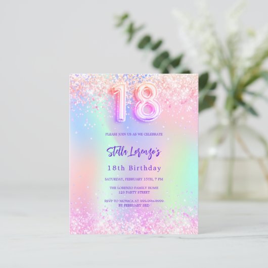 ホログラフィックピンク18th誕生日の予算の招待状 (スタンド正面)