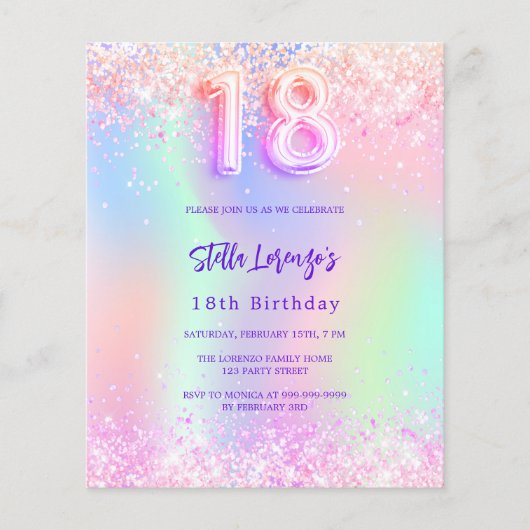 ホログラフィックピンク18th誕生日の予算の招待状 (正面)