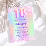 ホログラフィックピンク18th誕生日の予算の招待状<br><div class="desc">18ガーリー歳のフェミニン誕生日パーティーの招待状。前面：紫、ピンク、ミントグリーンのホログラフィックカラーの虹。飾赤面の紙吹雪名前とパーティー・詳細のパーソナライズおよび追加名前は手書文字のスタイルと紫の色の文字です。1枚= 1枚の招待状を印刷したエッジからエッジ</div>
