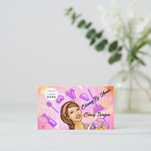 ホログラフィックピンクQRコードロゴホームメイドクリーニング 名刺 (スタンド正面)