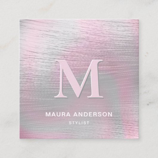 ホログラフィックブラシ付きピンクモダンモノグラエレガントム スクエア名刺 (正面)