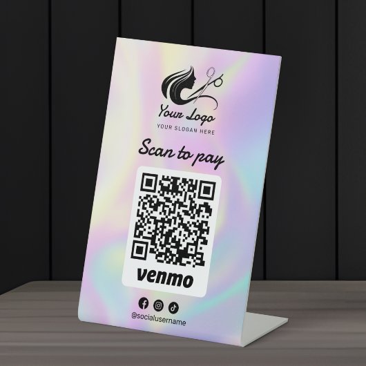 ホログラフィックヘアサロンロゴ Venmo スキャンして支払う 台座サイン