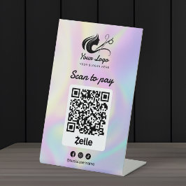 ホログラフィックヘアサロンロゴZelle Scan to Pay 台座サイン