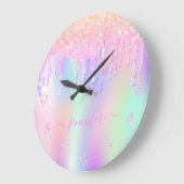 ホログラフィックユニコーングリッタードリップレインボーモノグラム ラージ壁時計 (傾斜)