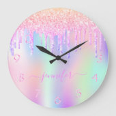 ホログラフィックユニコーングリッタードリップレインボーモノグラム ラージ壁時計 (正面)