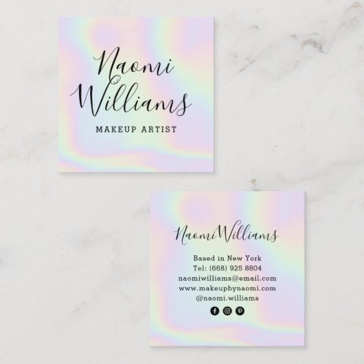 ホログラフィックユニコーンモダンレインボースクリプトメイク スクエア名刺 (正面/裏面)