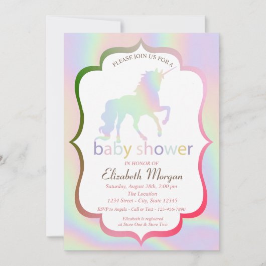 ホログラフィックユニコーン赤ちゃんシャワー招待状 招待状 (正面)