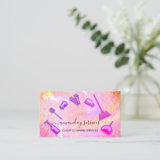 ホログラフィックユニコーンQRロゴホームメイドクリーニング 名刺 (スタンド正面)