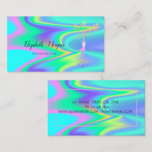 ホログラフィックヨガインストラクター、ツリーウィメンシルエット 名刺 (正面/裏面)