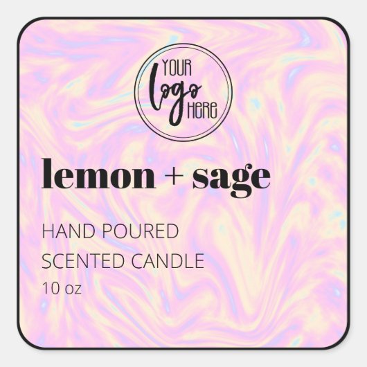 ホログラフィックラベルとブラックロゴのキャンドルラベル スクエアシール (正面)