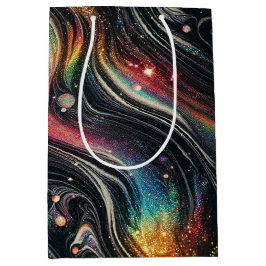 ホログラフィックレインボーグリッター70s銀河クリエイティブ ミディアムペーパーバッグ