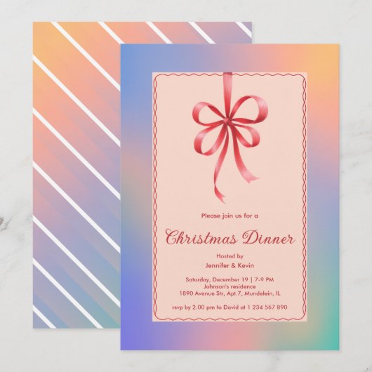 ホログラフィックレッドボウエレガントクリスマスディナー シーズンカード (正面/裏面)