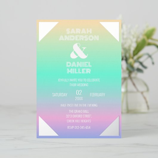 ホログラフィック勾配銀箔フレ結婚ーム 箔招待状 (立ち正面)