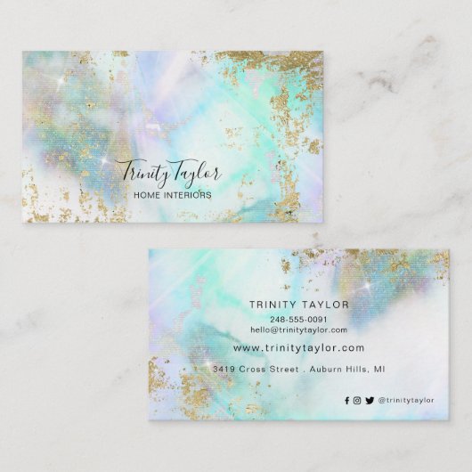 ホログラフィック大理石レインボークフェイクラウドと金ゴールドリーフ 名刺 (正面/裏面)